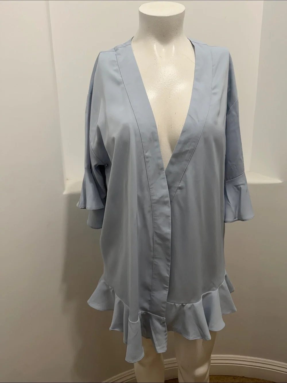 Lovelina Light Blue Ruffle Trim Women's Getting-Ready Robe Kimono Top